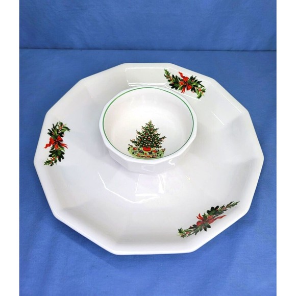 Christmas Tree Chip & Dip Pfaltzgraff 2 Pc Set White Made in USA - Picture 1 of 10